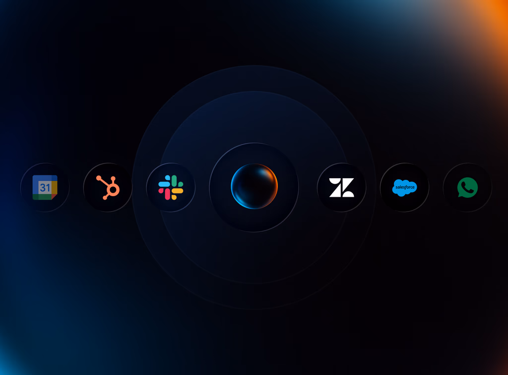 Google Calendar, HubSpot, Slack, Zendesk, Salesforce, and WhatsApp icons arranged around an AI orb.