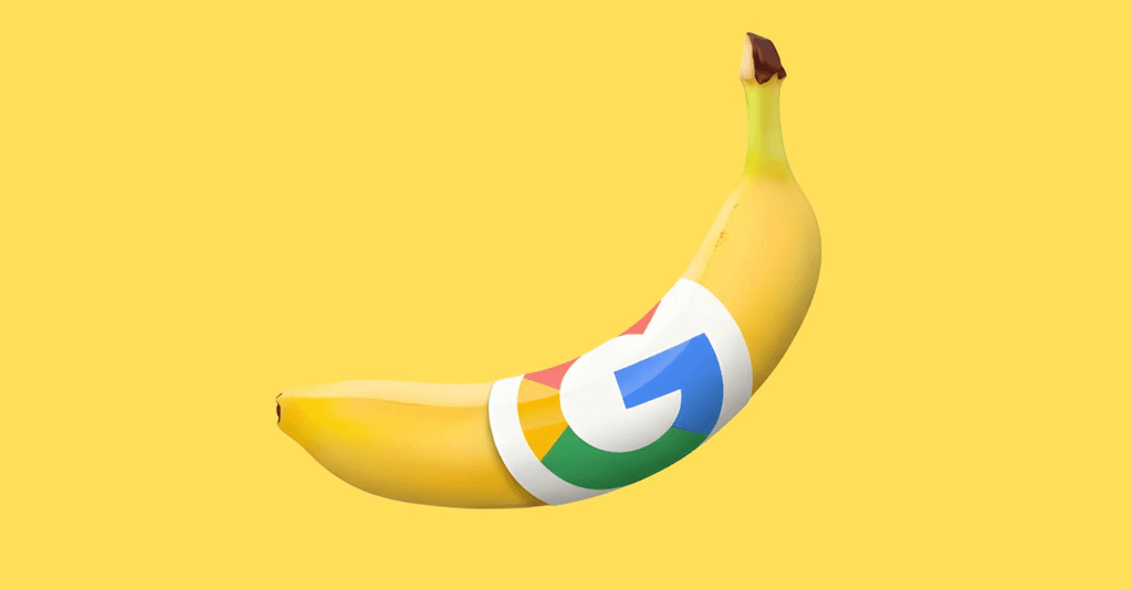 A banana bearing the multicolored Google G logo on a yellow background.