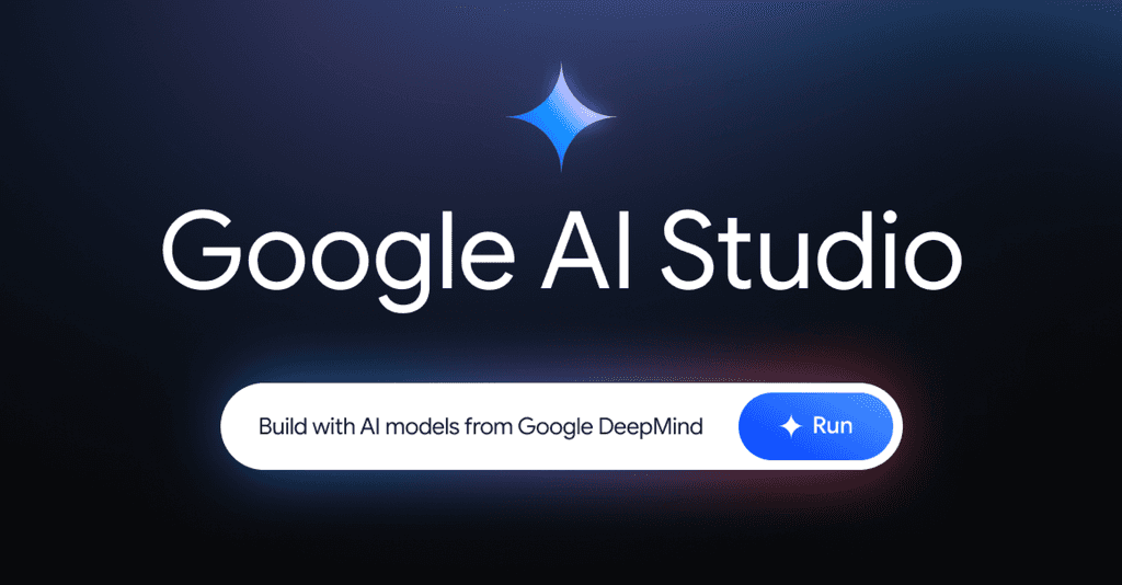 Google AI Studio graphic with a Run button for Google DeepMind models.