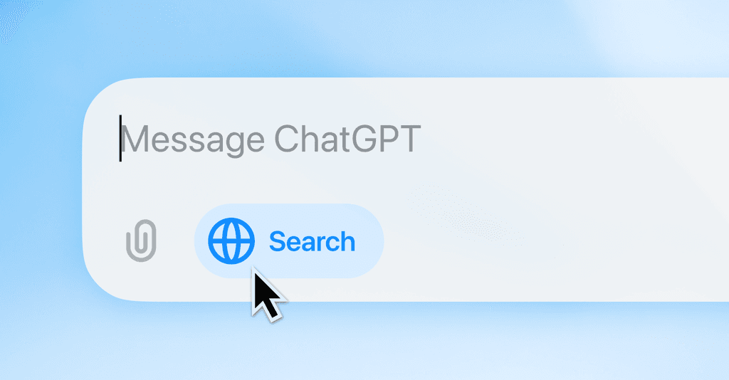 A ChatGPT message field with the Search option highlighted.